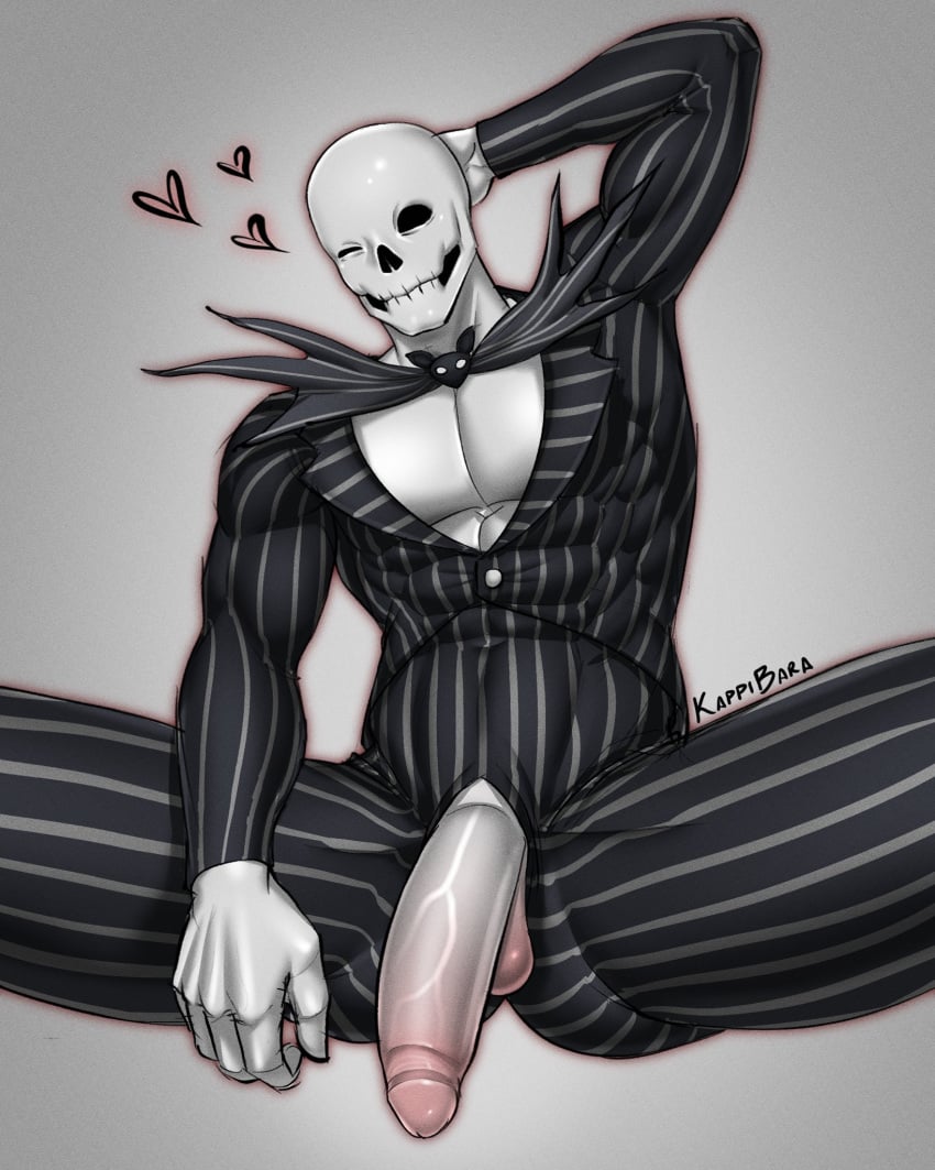 boner erect_penis erection hard_on heart jack_skellington kappibara male male_only muscles muscular muscular_male nightmare_before_christmas skeleton spread_legs suit veiny_penis winking winking_at_viewer