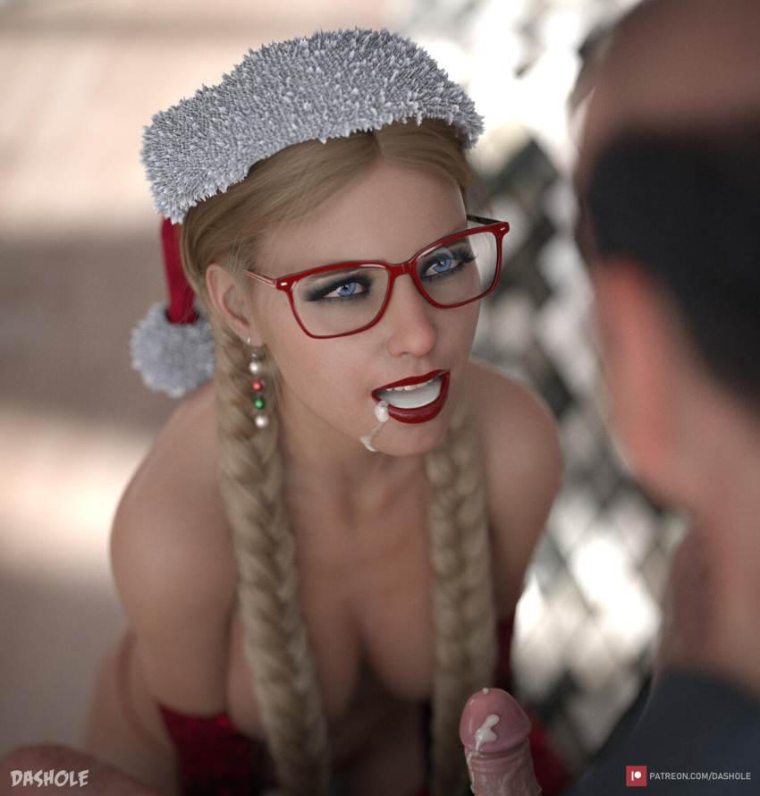 1boy 1girls 2022 3d age_difference alice_(dashole) blonde_hair blue_eyes christmas cum cum_in_mouth cum_inside dashole earrings female female_focus glasses lipstick male older_male open_mouth original original_character red_glasses red_lipstick straight younger_female