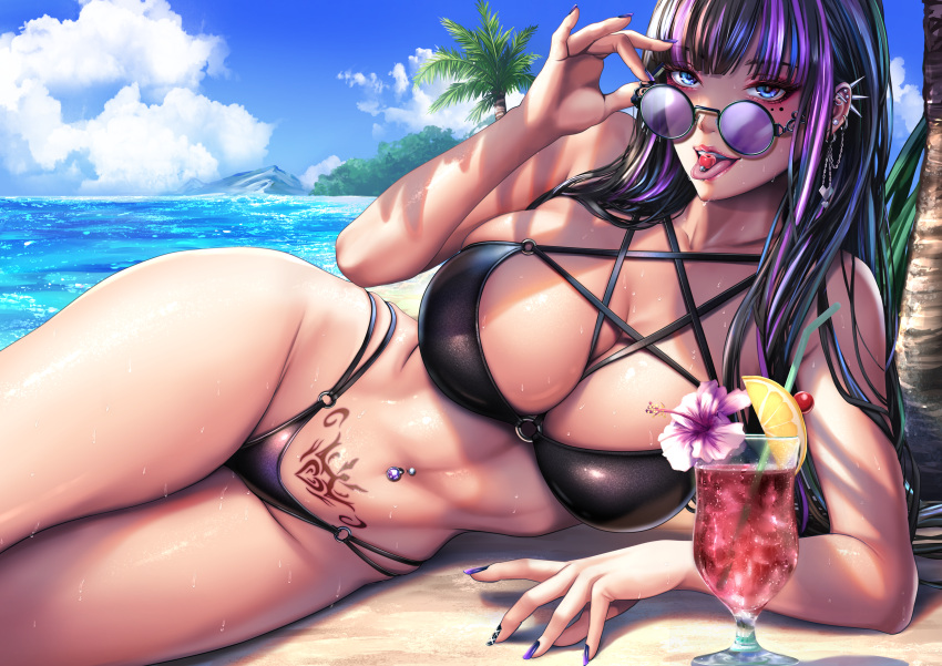 adjusting_eyewear alternate_version_available beach belly_piercing bikini black_hair blue_eyes breasts cleavage clothed drink female fit_female hourglass_figure huge_breasts large_breasts laying_down legs_together looking_at_viewer looking_over_eyewear looking_over_sunglasses makeup multicolored_hair needlessly_complicated_bra_straps painted_nails piercing pubic_tattoo purple_hair sadakage sunglasses swimsuit teasing thick_thighs tinted_eyewear tongue_out