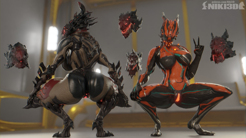 2girls 3d ass big_ass big_breasts breasts curvy curvy_figure duo duo_female female glowing_genitalia hourglass_figure peace_sign presenting presenting_hindquarters presenting_pussy spread_legs squatting v_sign valkyr_(warframe) voruna_(warframe) warframe wide_hips