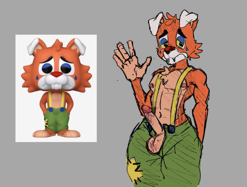 1boy animatronic anthro balls canid canine circus_foxy circus_foxy_(fnaf) clothed clothing clown erection fangs five_nights_at_freddy's five_nights_at_freddy's:_security_breach fox foxy_(fnaf) funko_pop! fur genitals gesture hi_res humanoid_genitalia humanoid_penis looking_at_viewer machine male male_only mammal marvofun muscular muscular_anthro muscular_male nipples open_bottomwear open_clothing orange_body orange_fur penis robot sad scottgames sketch solo suspenders teeth waving