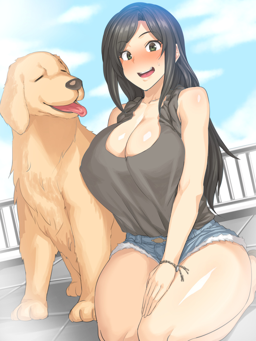 1girls blush breasts brown_hair canine cleavage clouds curvy dog erect_nipples excited female green_eyes happy hot_pants huge_breasts huge_thighs idolmaster idolmaster_cinderella_girls implied_bestiality kneeling large_breasts long_hair mm_(yoromu) mukai_takumi nipple_bulge nipples open_mouth outdoors rooftop short_shorts shorts sweat tank_top thick_thighs tongue waifu2x