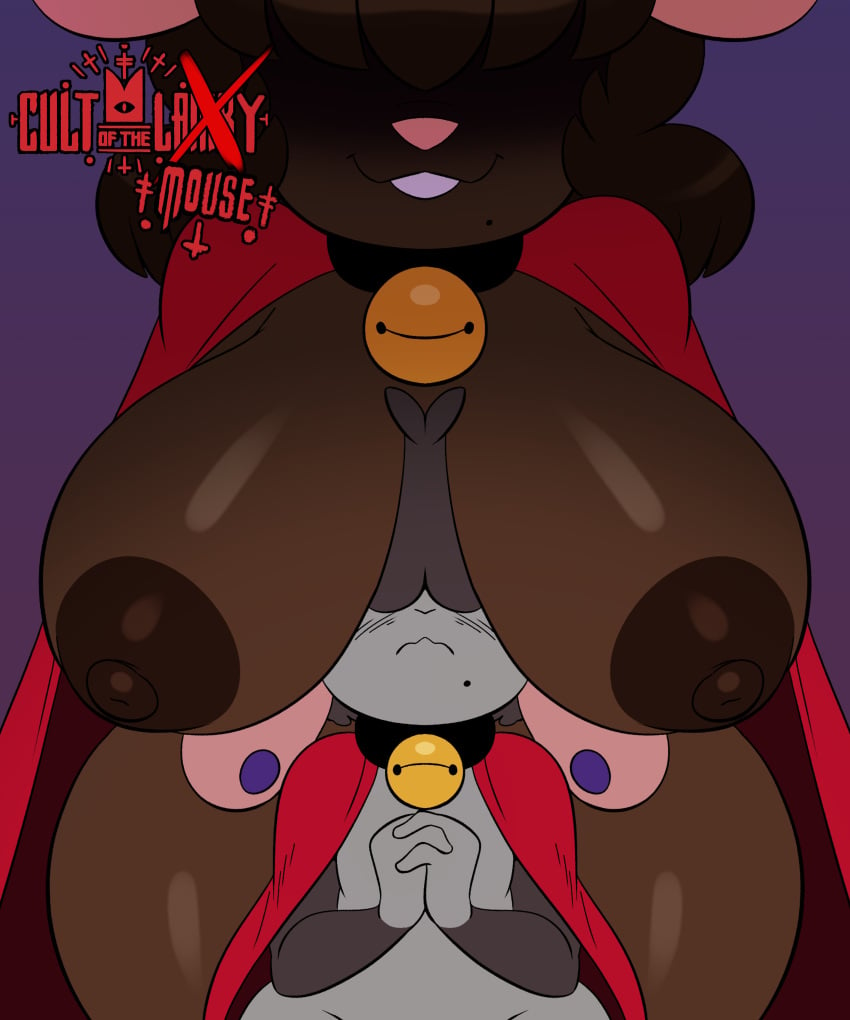 1boy 1futa 2022 absurd_res anthro bell bell_collar big_areola big_breasts big_nipples bovid breasts breasts_out brown_body brown_hair cape caprine clothing collar cover cover_art cover_page cult_of_the_lamb curled_hair duo ear_piercing ear_ring female futa_with_male futanari girly grey_body grey_hair gwen_martin hair hair_over_eyes hi_res huge_areolae huge_breasts huge_nipples hyper hyper_breasts joaoppereiraus larger_female looming looming_over male mammal mouse murid murine nipples nude piercing praying purple_background ring_piercing rodent sheep simple_background size_difference smaller_male tom_(isolatedartest) wide_hips