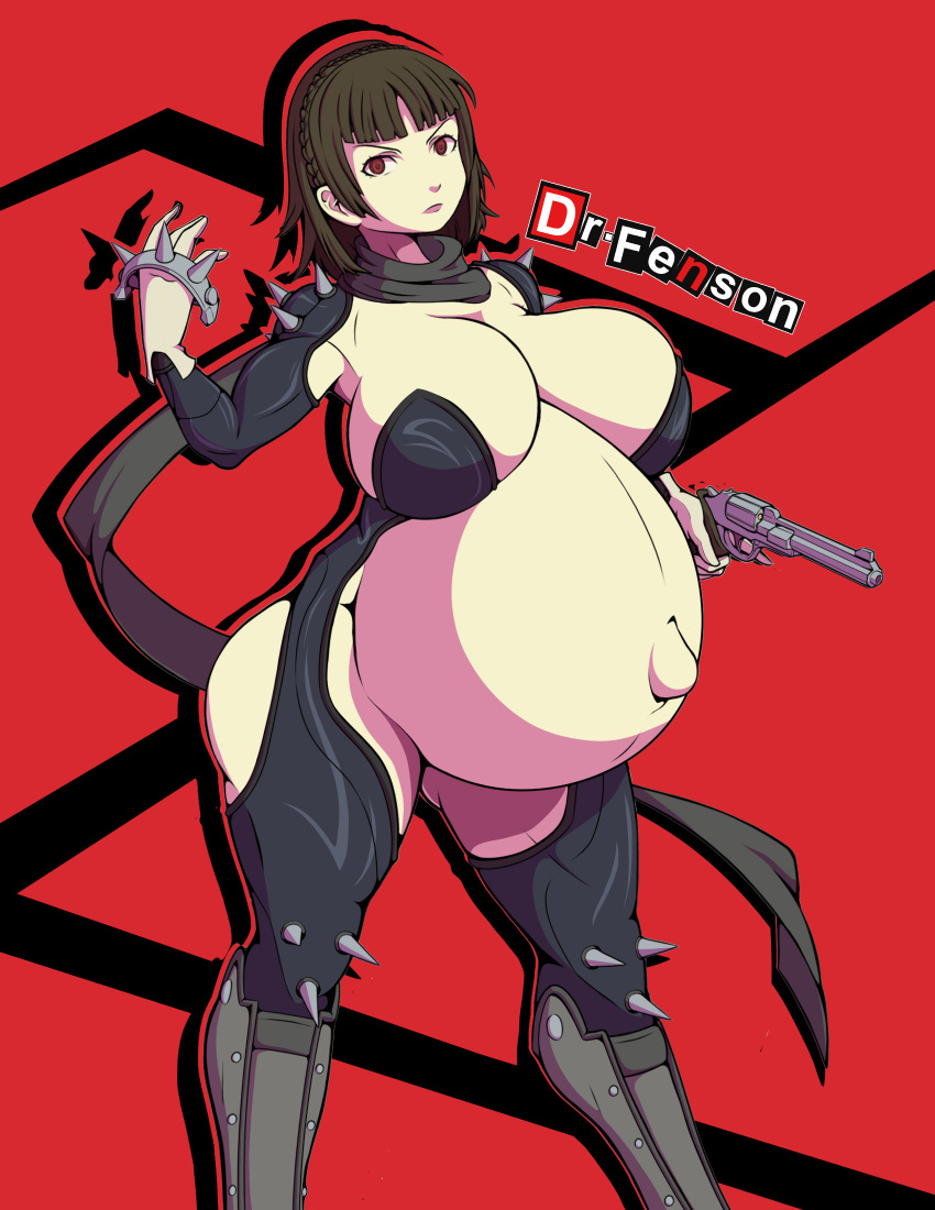 1girls alternate_version_available armor ass belly big_ass big_belly big_breasts breasts brown_hair clothing commission commissioner_upload crotch_cutout crotchless crotchless_clothing crotchless_legwear dr_fenson female female_only firearm gun handgun huge_belly huge_breasts human light-skinned_female light_skin linea_nigra makoto_niijima mask muscular navel outie_navel outline pale_skin partially_clothed persona persona_5 phantom_thief_suit pregnant ready_to_pop red_eyes red_outline revolver scar short_hair solo solo_female standing tagme thick_thighs thighs weapon