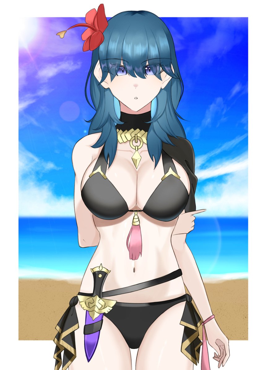 alternate_costume bikini black_bikini black_swimsuit breasts byleth_(fire_emblem) byleth_(fire_emblem)_(female) female female_only fire_emblem fire_emblem:_three_houses fire_emblem_heroes looking_at_viewer nintendo official_alternate_costume ondur solo swimsuit