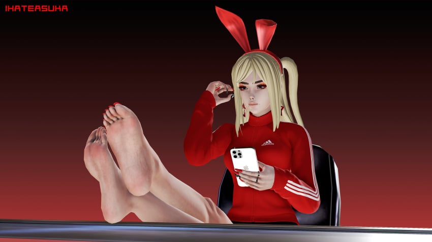 3d 3d_(artwork) adidas barefoot blonde_female blonde_hair bunny_ears bunny_hair_ornament earrings feet feet_focus foot_fetish honey_select ignoring ihateasuka illusion_soft long_eyelashes long_nails long_toenails looking_at_phone makeup mole mole_under_mouth original original_character phone red_toenails ring rings simple_background soles star_earrings studio_neo thick_eyebrows toenail_polish