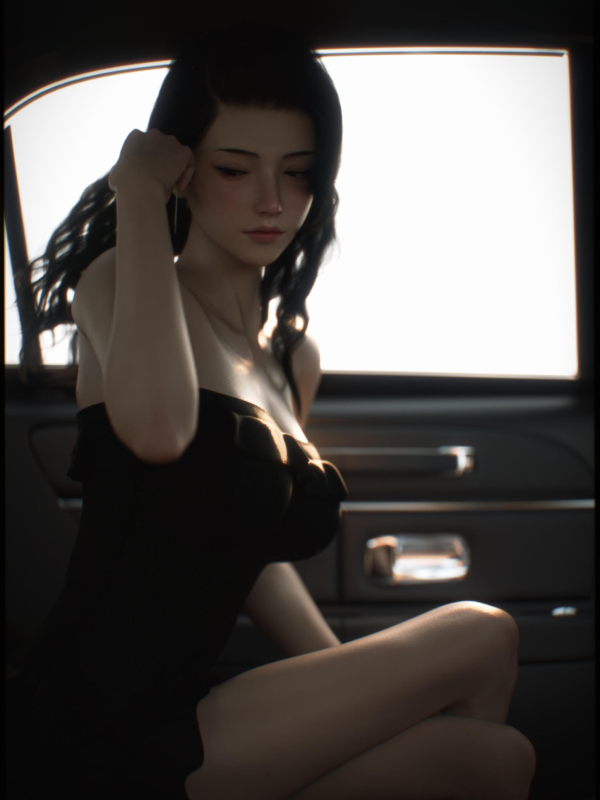 1girls 2022 3d alternate_lighting alternate_version_available asian asian_female black_dress black_hair brown_eyes brown_hair car_interior clothed clothing dress female female_only medium_breasts seated shoelac3 sitting solo solo_female vehicle_interior