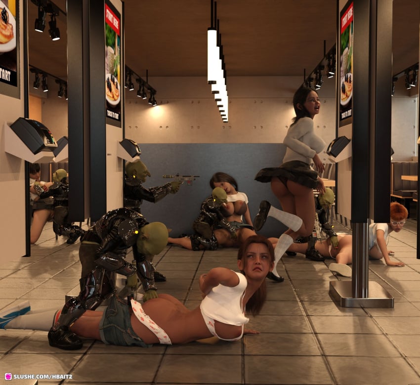 2022 3d 5boys 5girls alien anal_fingering areolae black_boots black_shoes blue_shoes blue_wall booth_seating breast_grab breasts_out_of_clothes brown_hair ceiling_light chair clothed clothing concrete_wall dart_gun dazed fast_food_restaurant glasses green_skin grey_skirt group group_sex gun hbait2 holding_gun holding_object holding_weapon indoors jean_shorts lamp larger_female leather_jacket licking_breast looking_at_pussy looking_back male matching_underwear monster mouth_open multiple_boys multiple_girls on_knees orange_hair orgy paralyzed party_wipe prone public rape reaching_back school_uniform schoolgirl screaming screen size_difference skirt smaller_male spread_legs table tile_floor torn_legwear tranquilizer_dart undressing vaginal_penetration white_panties white_shirt white_socks