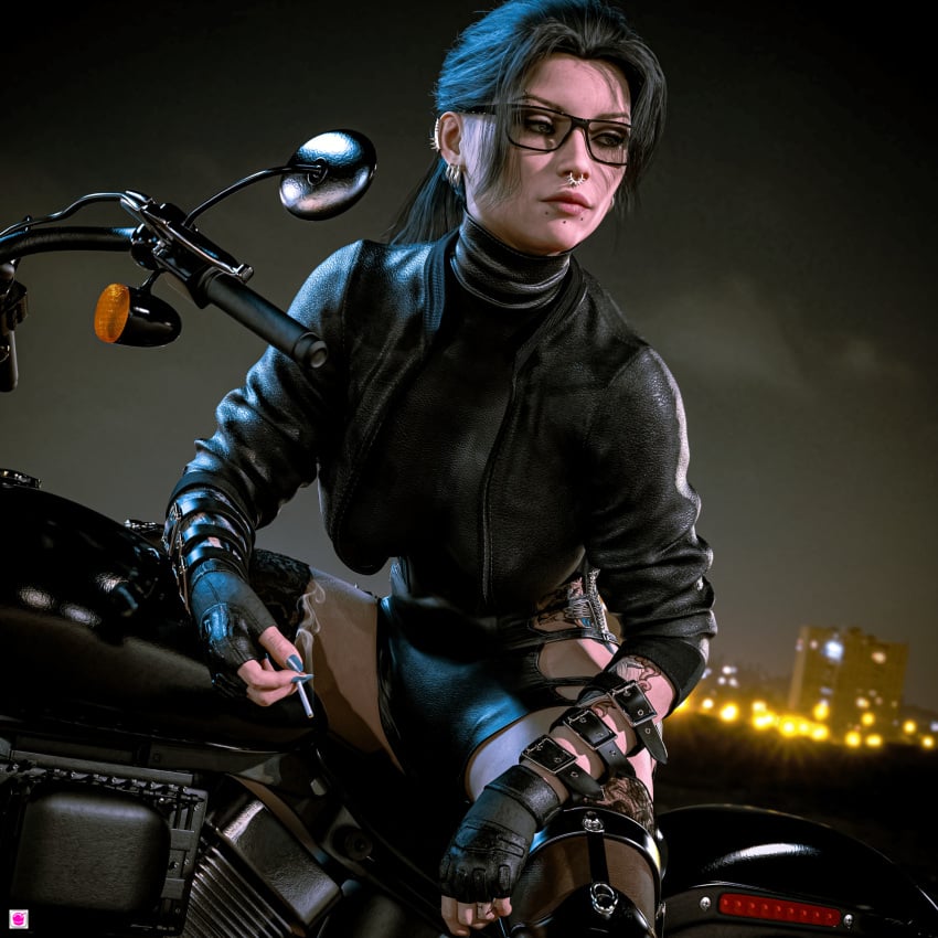 1girls 2022 3d clothed clothing female female_only fingerless_gloves glasses gloves hexada69 motorcycle nose_ring pinup seated sitting smoking solo solo_female