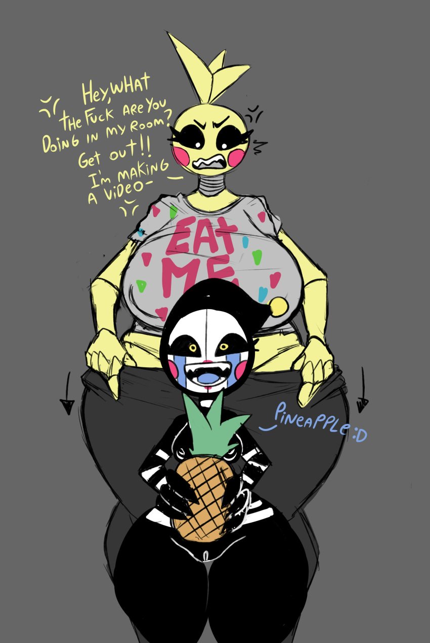 absurd_res angry animate_inanimate animatronic anthro avian big_breasts bird black_body black_sclera bottomwear bottomwear_down breasts chicken clothed clothing convenient_censorship cross-popping_vein cumlord cumlord_(artist) dialogue duo eyelashes facial_markings female five_nights_at_freddy's five_nights_at_freddy's_2 food fruit galliform gallus_(genus) genitals grey_background grey_bottomwear grey_clothing grey_pants grey_shirt grey_topwear head_feathers head_markings head_tuft hi_res holding_food holding_object huge_breasts humanoid inverted_nipples just_coffee looking_at_viewer machine marionette_(fnaf) markings nipple_outline nipples nude open_mouth orange_pubes pants pants_down partially_clothed phasianid pineapple plant pubes puppet_(fnaf) pussy robot robot_humanoid rosy_cheeks rule_63 scottgames security_puppet_(fnaf) shirt short_stack shortstack simple_background stripes talking_to_another talking_to_viewer tear_(marking) text text_on_clothing thick_thighs topwear toy_chica_(fnaf) tuft white_body white_eyes white_stripes wide_hips yellow_body yellow_eyes