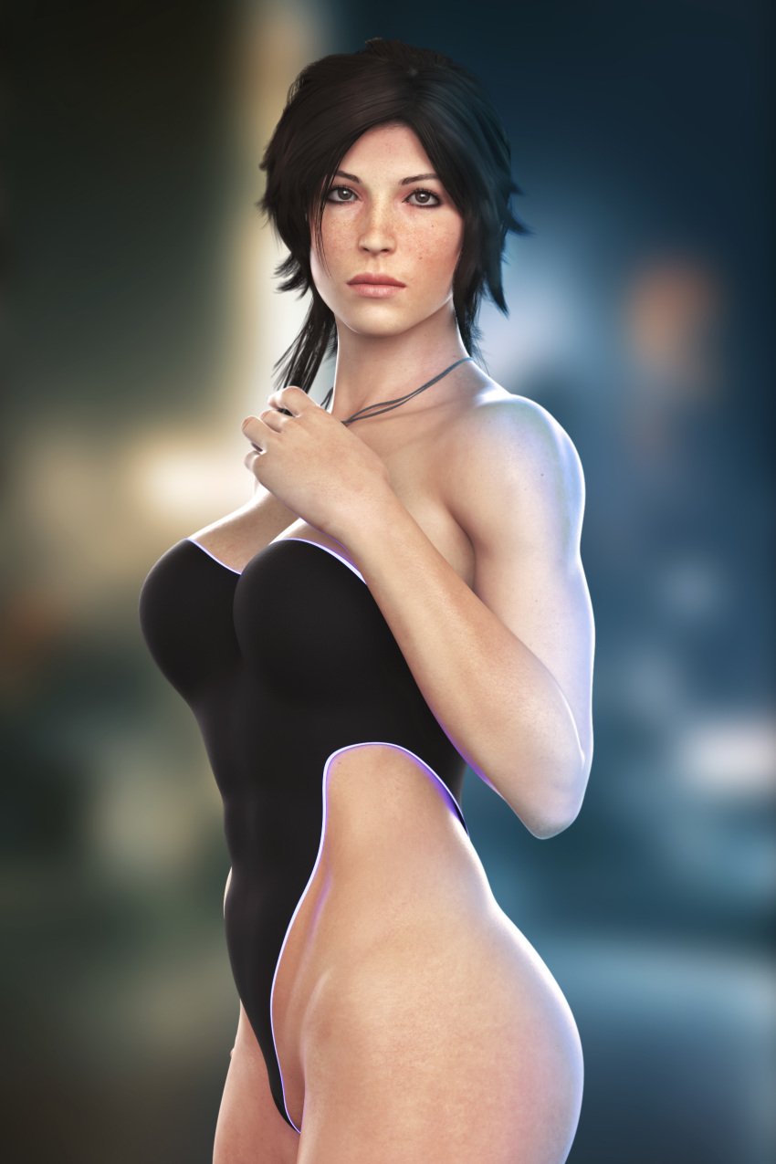 3d bare_shoulders biceps breasts brown_eyes brown_hair busty female female_focus female_only hourglass_figure jinxie_lizzy lara_croft lara_croft_(survivor) long_hair medium_breasts necklace neutral_expression one-piece_swimsuit ponytail swimsuit tagme tomb_raider toned toned_female wide_hips