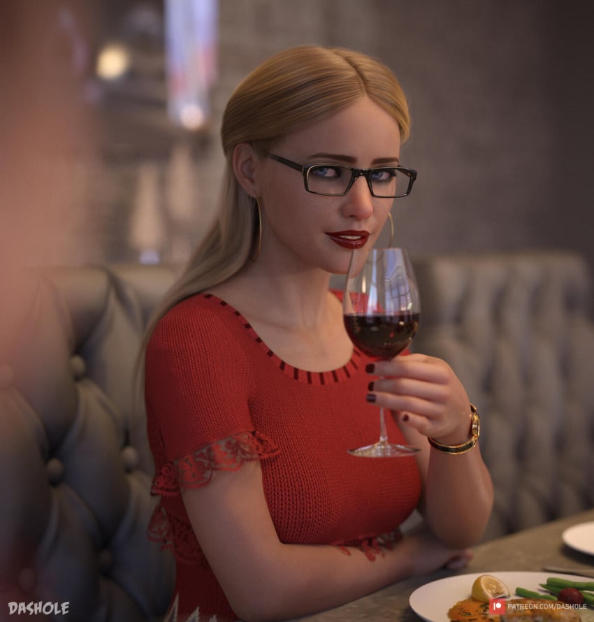 1girls 2022 3d alice_(dashole) blonde_hair christmas clothed clothing dashole earrings female female_only glasses holding_drink holding_glass holding_object hoop_earrings indoors lipstick original original_character red_lipstick solo solo_female wine_glass