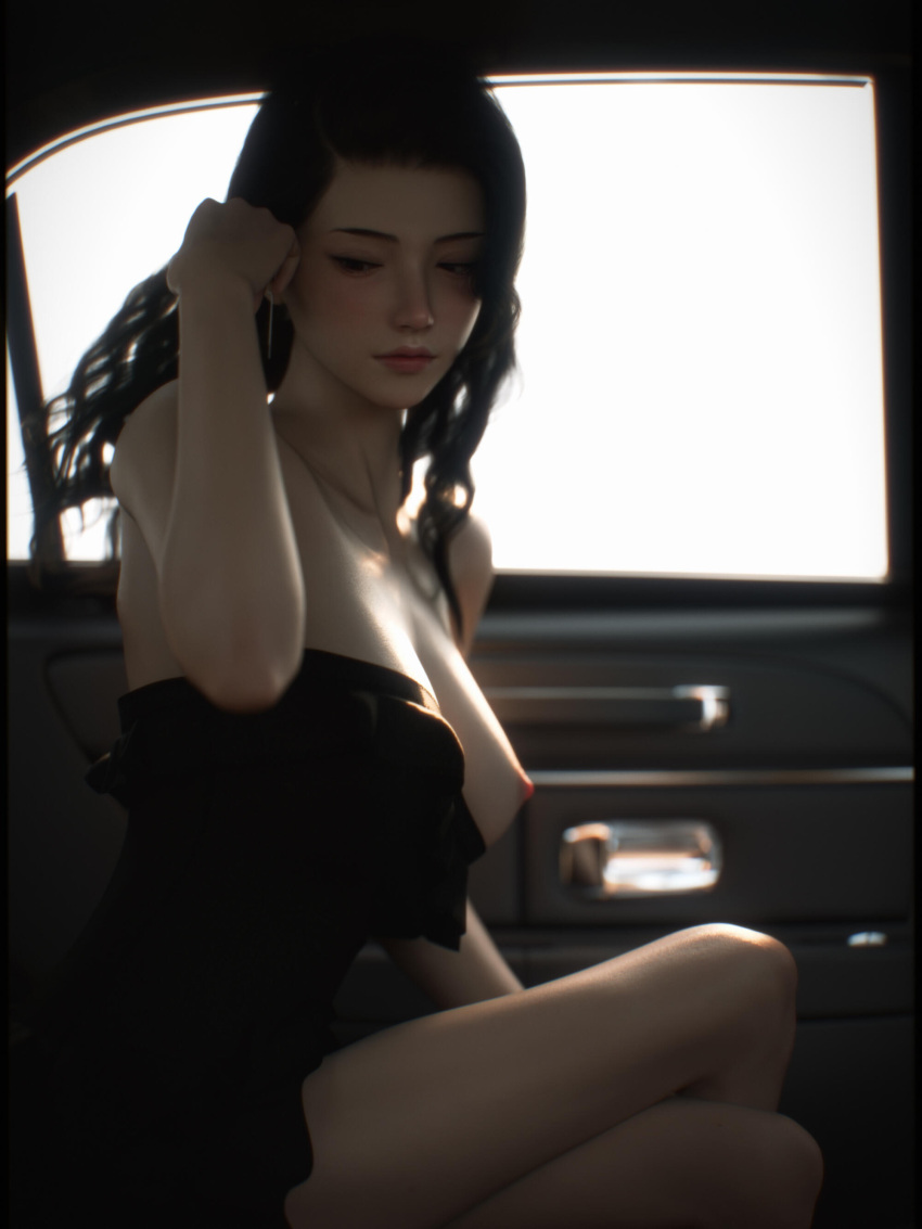 1girls 2022 3d alternate_lighting alternate_version_available asian asian_female black_dress black_hair brown_eyes brown_hair car_interior clothed clothing dress female female_only medium_breasts one_breast_out seated shoelac3 sitting solo solo_female vehicle_interior