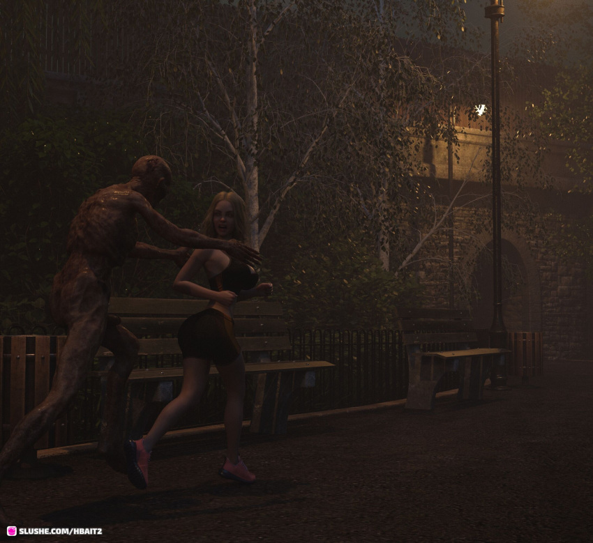 1boy 1boy1girl 1girls 2022 3d bench blonde_hair chasing female footpath hbait2 huge_breasts jogging jogging_in_the_park jogging_pants large_breasts larger_male male monster night nude nude_male outdoor outdoors outside pink_shoes size_difference zombie