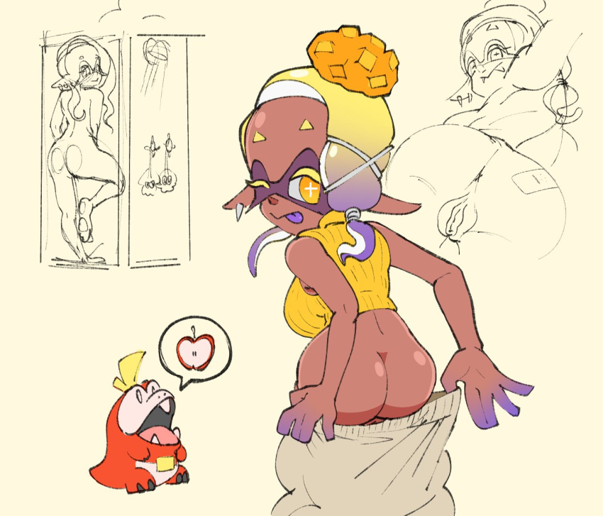 ass bottomwear clothing crossover female frye_(splatoon) fuecoco generation_9_pokemon genitals humanoid nintendo nsfw_pablo one_eye_closed pants pokémon_(species) pokemon pokemon_(species) pokemon_sv pussy shower splatoon tongue wink