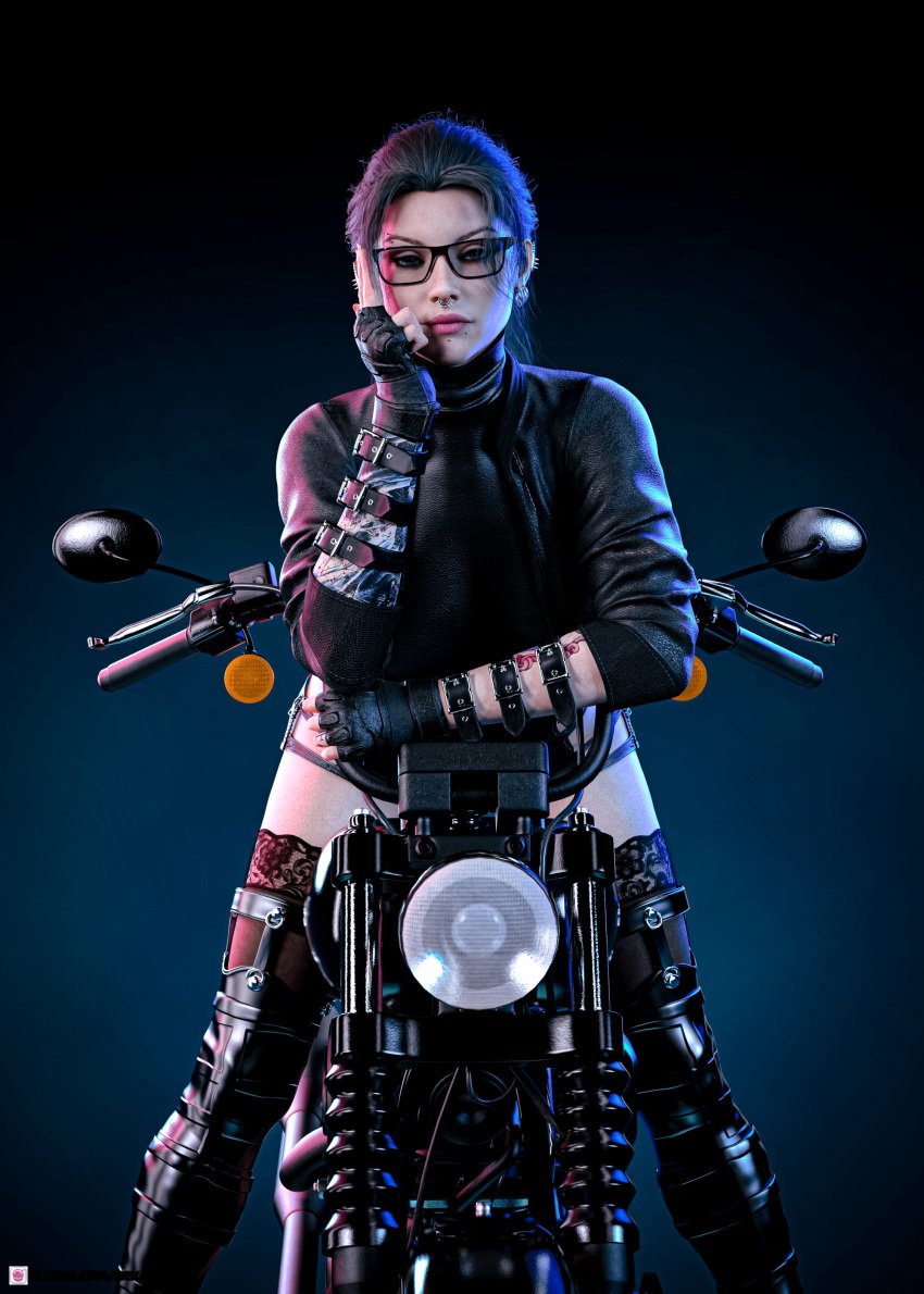 1girls 2022 3d boots clothed clothing female female_only fingerless_gloves front_view glasses gloves hexada69 motorcycle pinup seated sitting solo solo_female thighhigh_boots thighhighs