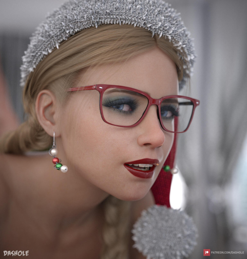 1boy 1girls 2022 3d age_difference alice_(dashole) all_fours blonde_hair blue_eyes christmas dashole earrings female female_focus glasses lipstick looking_back male nude nude_female nude_male older_male on_all_fours original original_character red_glasses red_lipstick solo_focus straight younger_female