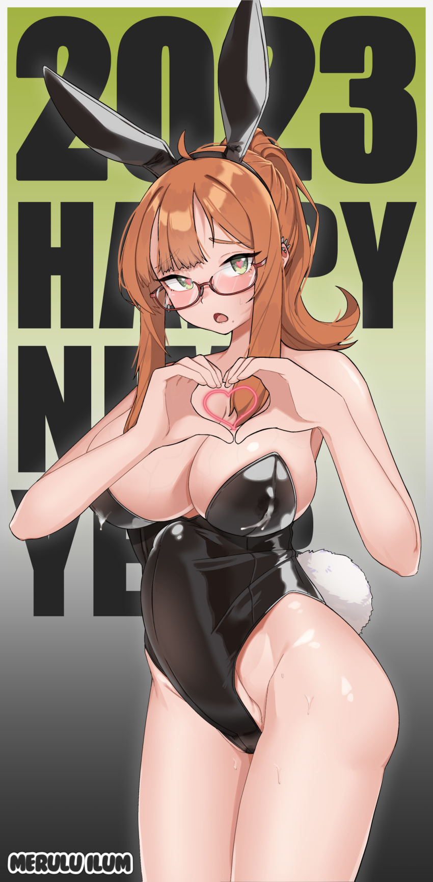 1futa 2023 absurdres animal_ears bangs bare_arms big_breasts black_leotard breasts brown_hair bulge clothed clothing covered_penis cowboy_shot ear_piercing erection erection_under_clothes fake_animal_ears fake_tail futa_only futa_sans_balls futanari glasses gradient gradient_background green_eyes heart heart-shaped_pupils heart_hands highres huge_cock human large_breasts large_penis leotard light-skinned_futanari light_skin long_hair looking_at_viewer merulu_ilum mostly_clothed new_year orange_eyes original penis penis_peek piercing playboy_bunny ponytail rabbit_ears rabbit_tail semi-rimless_eyewear sidelocks solo symbol-shaped_pupils tail tsuyu_uyu year_of_the_rabbit