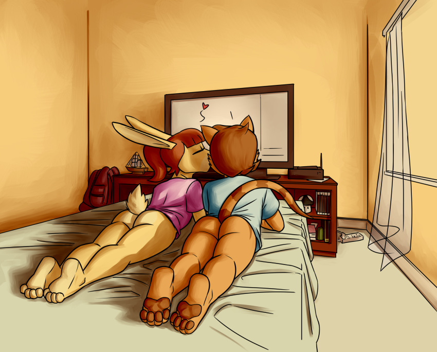 1boy 1girls 2020s 2021 4_toes annie_hill anthro anthro_on_anthro arm_support ass bed_sheet bedding biped black_eyelashes blue_clothing blue_shirt blue_t-shirt blue_topwear bottomless bottomless_female bottomless_male brown_body brown_fur brown_hair brown_pawpads brown_stripes cheek_tuft closed_eyes clothed clothing curtains detailed_background digital_media_(artwork) domestic_cat duo dutch_angle extended_legs extension_cord eyelashes faceless_anthro faceless_character faceless_male facial_tuft fan_character feet felid feline felis female fur fur_tuft grey_bed_sheet grey_bedding hair heart hi_res humanoid_feet inside internal_wall josh_kass kissing kissing_cheek lagomorph leaning_on_elbow leporid lying male mammal markings model_ship nickelodeon on_front pawpads pink_clothing pink_shirt pink_t-shirt pink_topwear plantigrade prick_ears rabbit red_hair redout romantic romantic_couple router scut_tail shadow shirt short_hair short_tail soles striped_markings striped_tail stripes t-shirt t.u.f.f._puppy tail tail_markings tan_body tan_fur television television_stand thick_eyelashes toes topwear tuft wall_(structure) window young