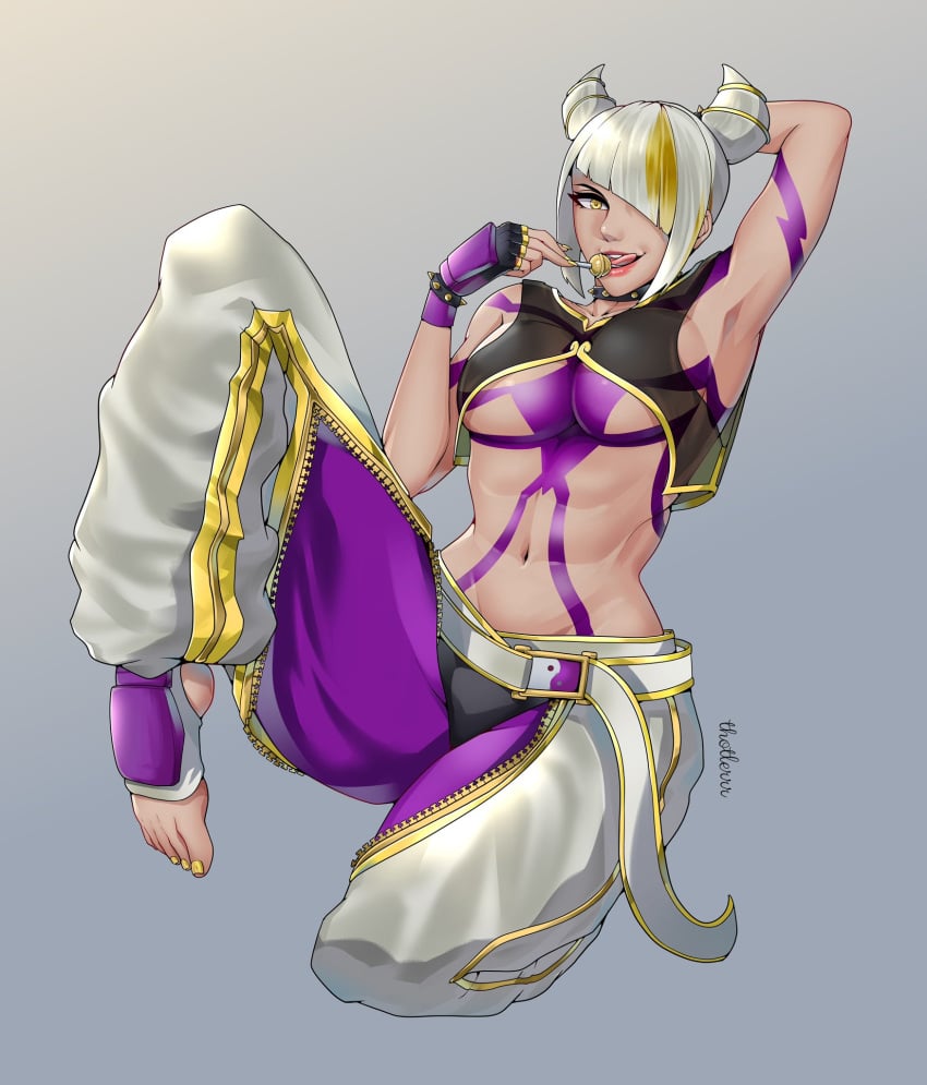 abs breasts capcom female female_focus female_only juri_han lollipop muscular muscular_female solo solo_female solo_focus street_fighter street_fighter_6 thotlerrr toned toned_female toned_stomach treartz white_hair yellow_eyes yellow_hair