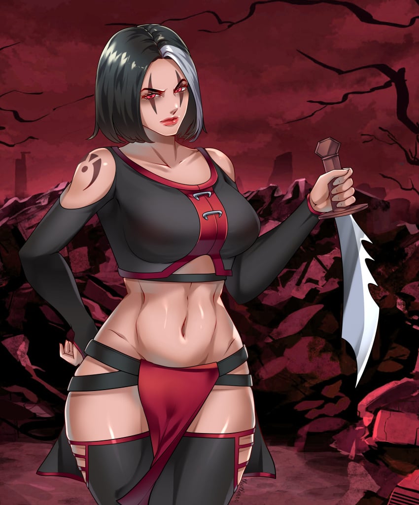 2d big_breasts big_thighs black_hair breasts dagger female female_only knife mortal_kombat sareena solo solo_female solo_focus thighs thotlerrr toned toned_female treartz weapon white_hair