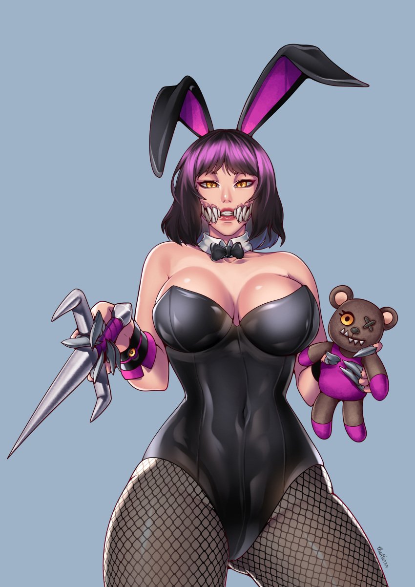 2d big_breasts big_thighs black_hair bowtie breasts bunny_ears bunnysuit female female_focus female_only fishnet fishnets lips mileena mortal_kombat mortal_kombat_x sharp_teeth solo solo_female solo_focus tarkatan teddy_bear teeth thighs thotlerrr thunder_thighs treartz weapon yellow_eyes