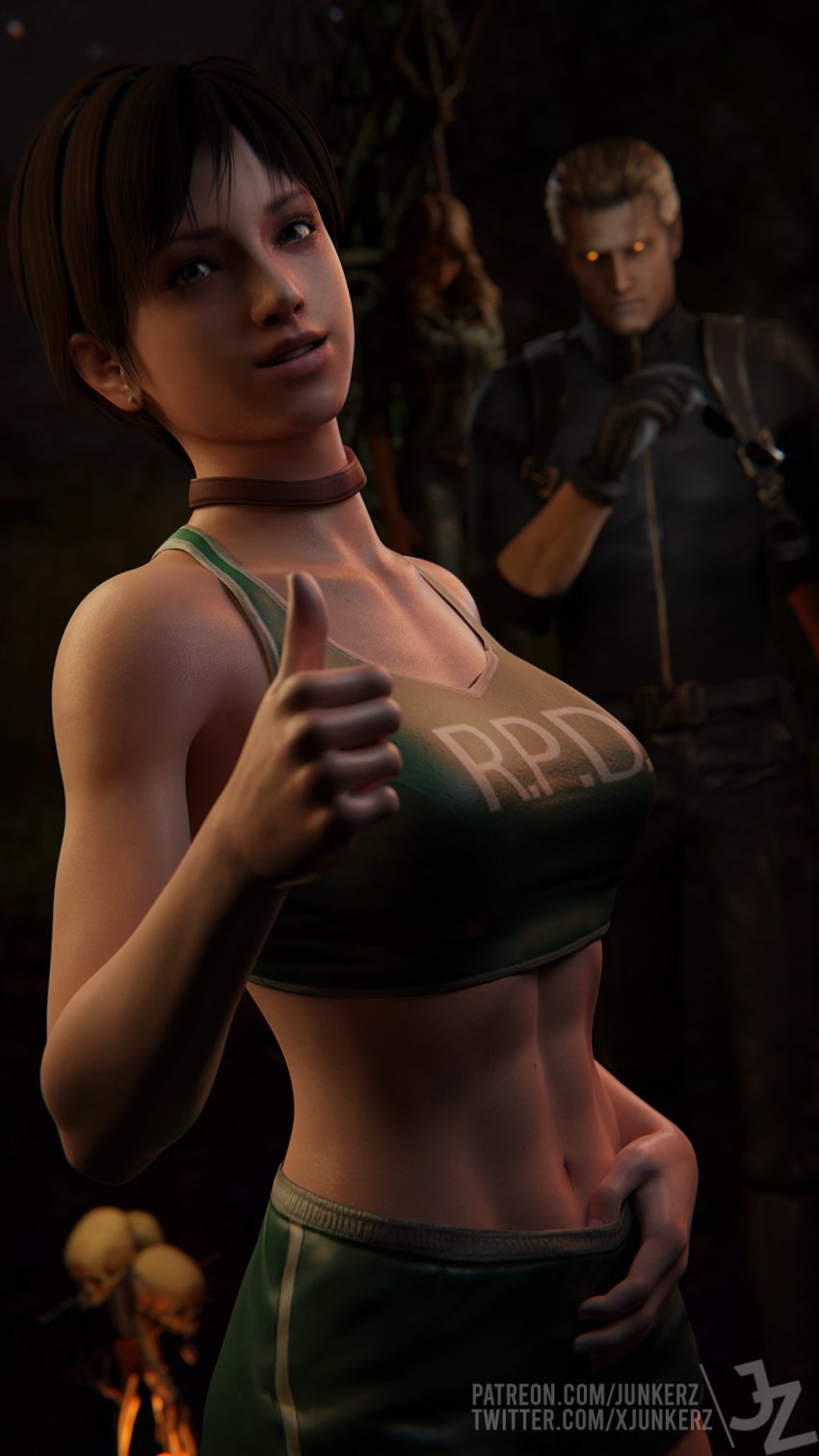 1boy 1girls 3d abs albert_wesker athletic athletic_female being_watched blender brown_hair brunette capcom clothed clothing dbd dead_by_daylight ear_piercing earrings female female_focus junkerz kate_denson light-skinned_female light_skin looking_at_viewer pose posing rebecca_chambers resident_evil resident_evil_remake shirt shorts smile smiling sportswear standing tank_top thumbs_up totem watermark