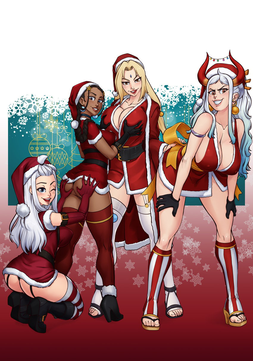 4girls ass avatar_the_last_airbender black_hair blonde_hair blue_eyes braided_ponytail breasts christmas christmas_clothing christmas_outfit cleavage clothing crossover dark-skinned_female dark_hair fairy_tail female female_focus female_only groping hair_accessory hair_loopies hat high_heel_boots high_heels inuit katara large_breasts lingerie long_hair mirajane_strauss multiple_girls naruto one_piece pale-skinned_female pose posing sandals sketchlanza smile smiling smiling_at_viewer stockings tsunade white_hair yamato_(one_piece)