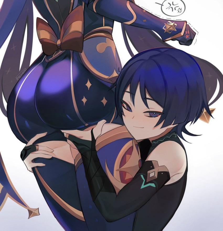 1boy 1girls absurdres anger_vein ass bangs blue_eyes blue_hair dress elbow_gloves fingerless_gloves genshin_impact gloves hartman_hips highres hips hourglass_figure leg_grab long_hair looking_at_viewer meme memeh mona_(genshin_impact) purple_hair scaramouche_(genshin_impact) short_hair smile speech_bubble spoken_anger_vein tagme thighhighs twintails white_background wide_hips