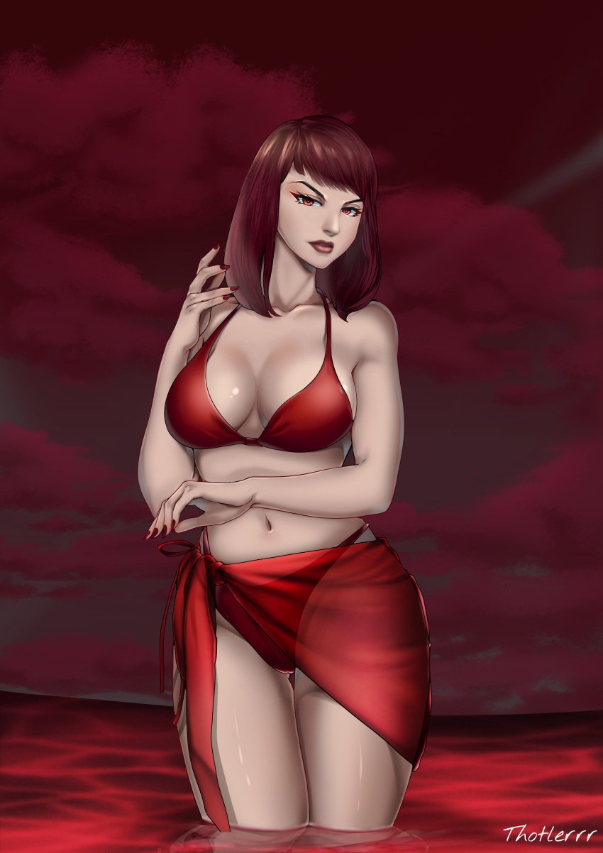 1girls 2d bikini breasts female female_only fully_clothed mortal_kombat ocean red_clothing red_eyes red_hair skarlet solo solo_female solo_focus thotlerrr treartz water