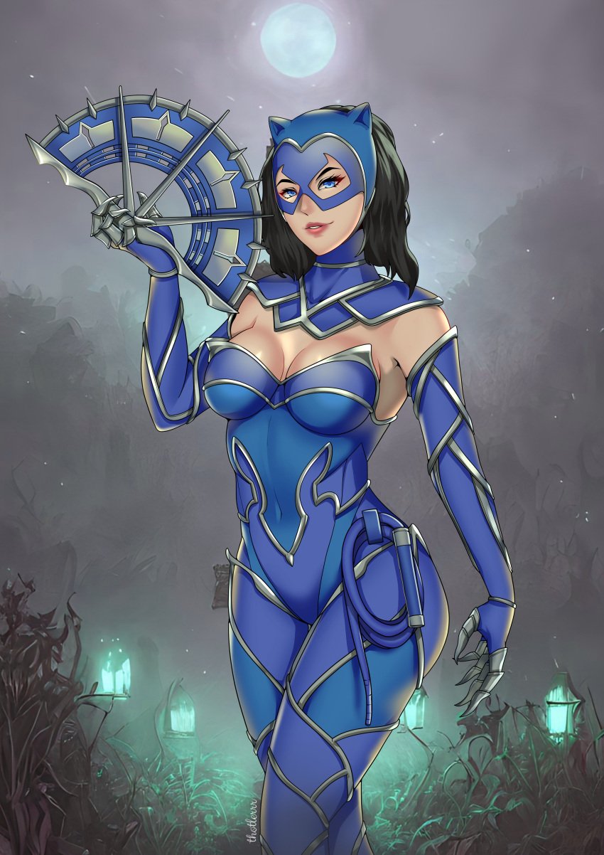 1girls 2d batman_(series) black_hair breasts catwoman_(cosplay) dc dc_comics edenian fan female female_only fully_clothed kitana mortal_kombat mortal_kombat_11 smile smiling solo solo_female solo_focus thighs thotlerrr treartz whip