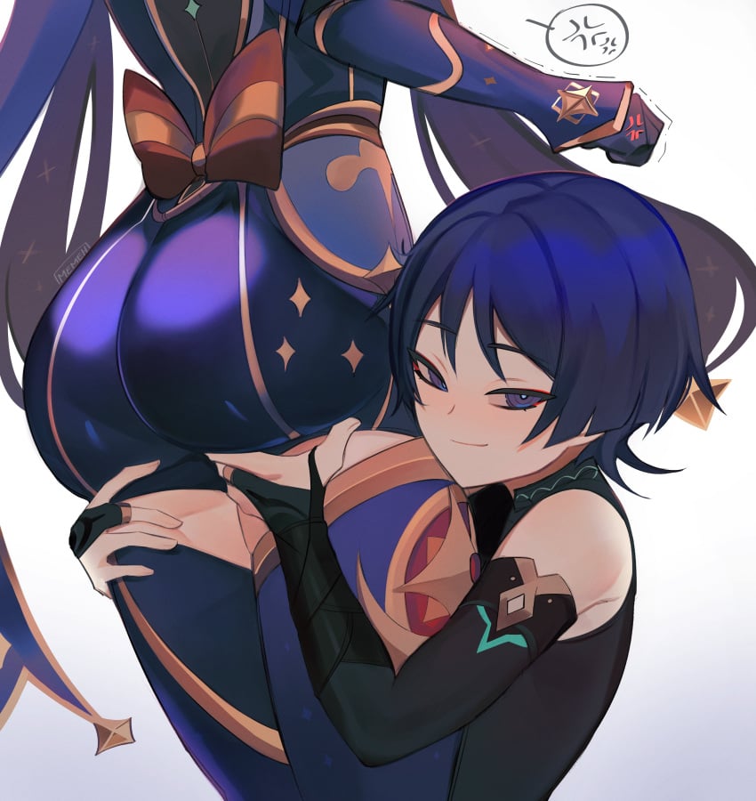 1boy 1girls 2d ass ass_focus ass_grab big_ass big_butt bottom_heavy bubble_butt butt_grab child_bearing_hips clothed cucked_by_femboy cuckold fat_ass female femboy femboy_on_female genshin_impact hartman_hips hips hourglass_figure hug huge_ass huge_butt imminent_cuckold memeh mona_(genshin_impact) scaramouche_(genshin_impact) thick_ass thick_thighs thighs thunder_thighs wide_hips