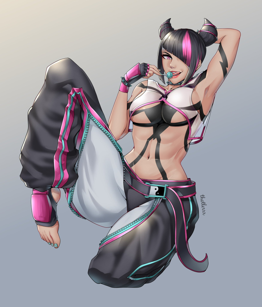 abs black_hair bodypaint breasts female female_focus female_only juri_han lollipop muscular muscular_female solo solo_female solo_focus street_fighter street_fighter_6 thotlerrr toned toned_female toned_stomach treartz