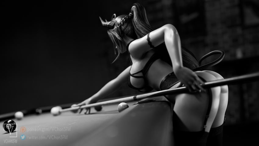 3d 3d_(artwork) bent_over black_and_white bra daemon_girl garter_belt garter_straps horns lingerie long_hair ponytail pool_(game) pool_cue pool_table sinia stockings straps succubus tail vchansfm