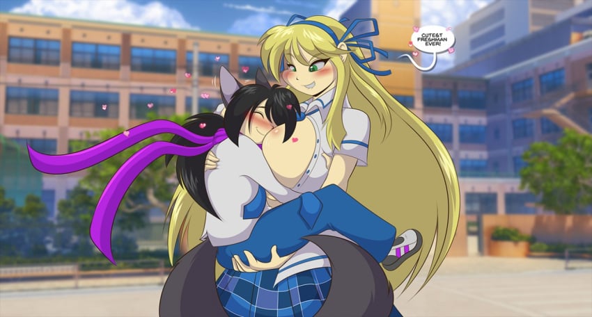 1boy 1girls 2018 alternate_breast_size animal_ears asian asian_female big_breasts biting_lip black_hair blonde_hair blush breast_pillow breast_smother breasts carrying carrying_partner cleavage closed_eyes cute dialogue english_text face_between_breasts face_in_breasts grey_fur hair_ribbon hand_on_ass hand_on_back happy heart holding_person huge_breasts interspecies interspecies_relationship katsuragi_(senran_kagura) large_breasts larger_female long_hair mastergodai necktie original_character ponytail scarf school_uniform schoolyard senran_kagura shaze size_difference smaller_male smile smothering speech_bubble straight tail wholesome