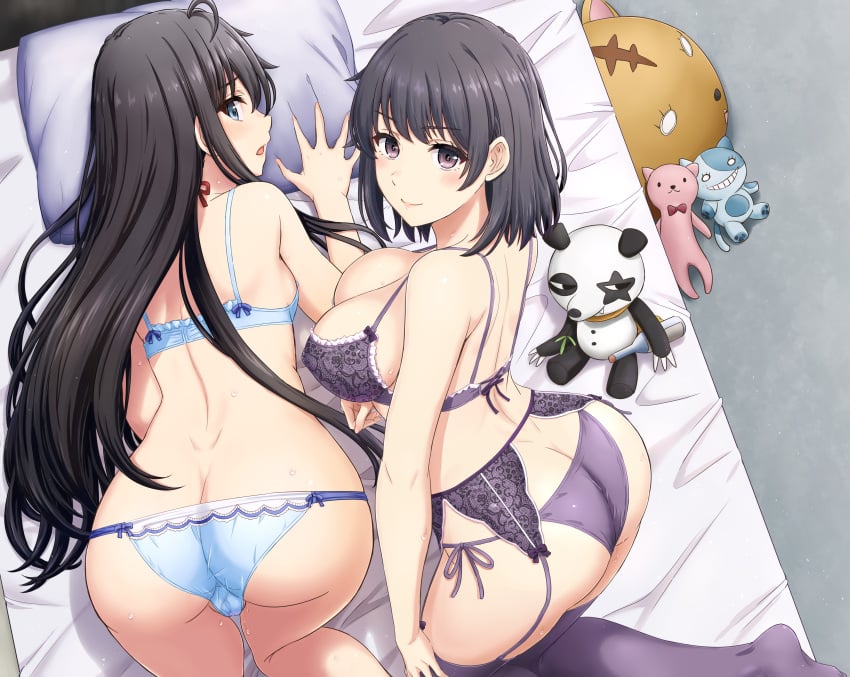 2girls ahoge all_fours ass ass_cleavage back bed black_hair blue_bra blue_eyes blue_panties bra breasts butt_crack cameltoe from_above from_behind inanaki_shiki large_breasts lingerie long_hair looking_at_viewer looking_back looking_up multiple_girls my_teen_romantic_comedy_snafu on_bed panties pillow purple_bra purple_eyes purple_panties short_hair siblings sisters small_breasts stuffed_animal stuffed_panda stuffed_toy sweat underwear underwear_only yukinoshita_haruno yukinoshita_yukino