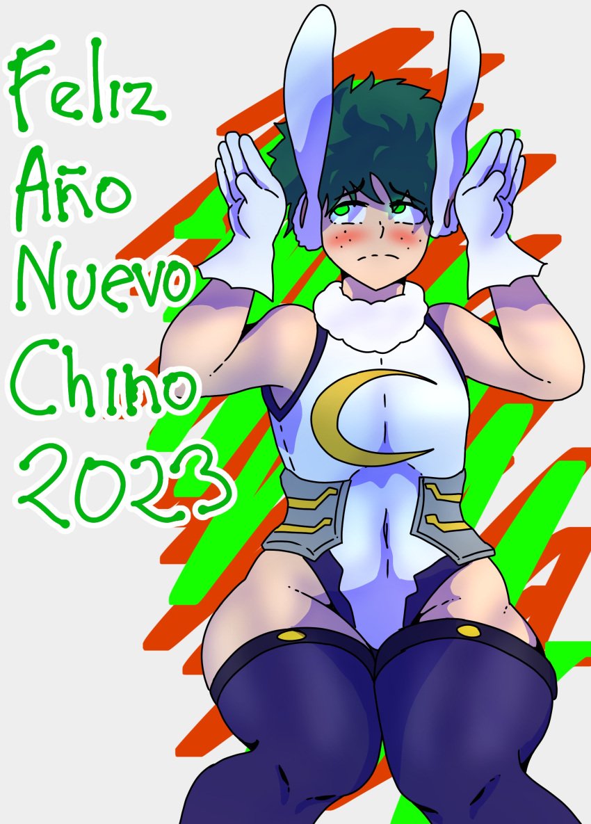 1boy blush crossdressing femboy feminine_male flat_chest frederickjdraws gloves green_eyes green_hair hero_outfit_(mha) izuku_midoriya male male_only miruko_(cosplay) my_hero_academia new_year_2023 solo thighhighs thighs wide_hips