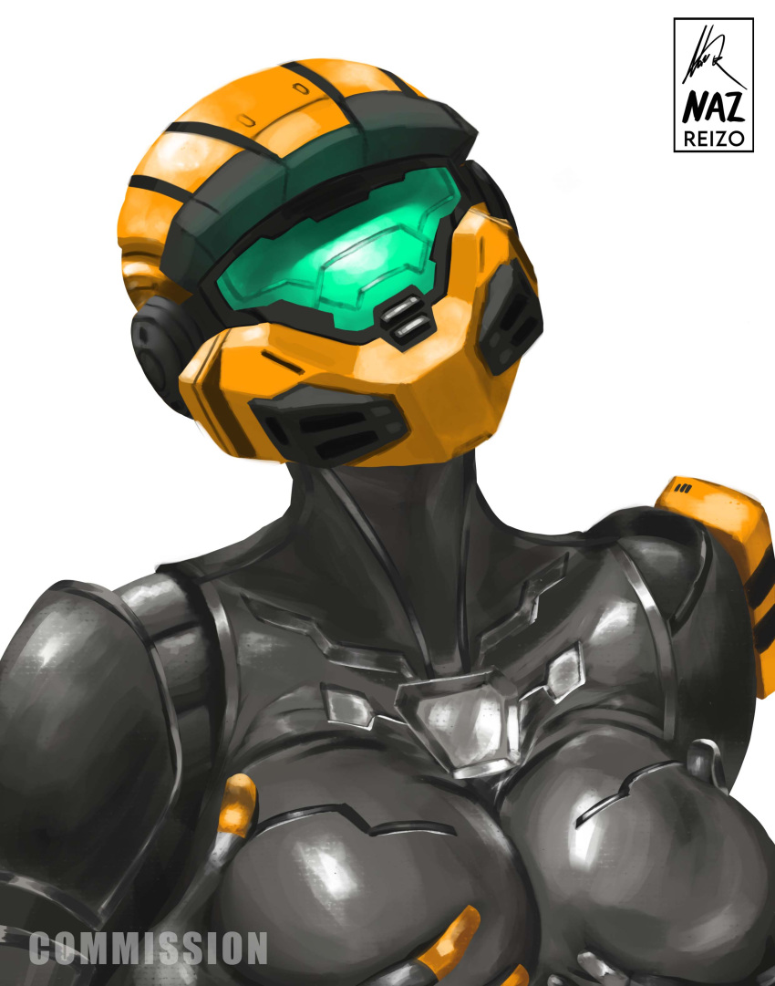 2d armor armour breast_grab breast_squeeze commission halo_(series) helmet nazreizo_(artist) oc shaded skin_tight spartan_(halo) techsuit tilted_head visor