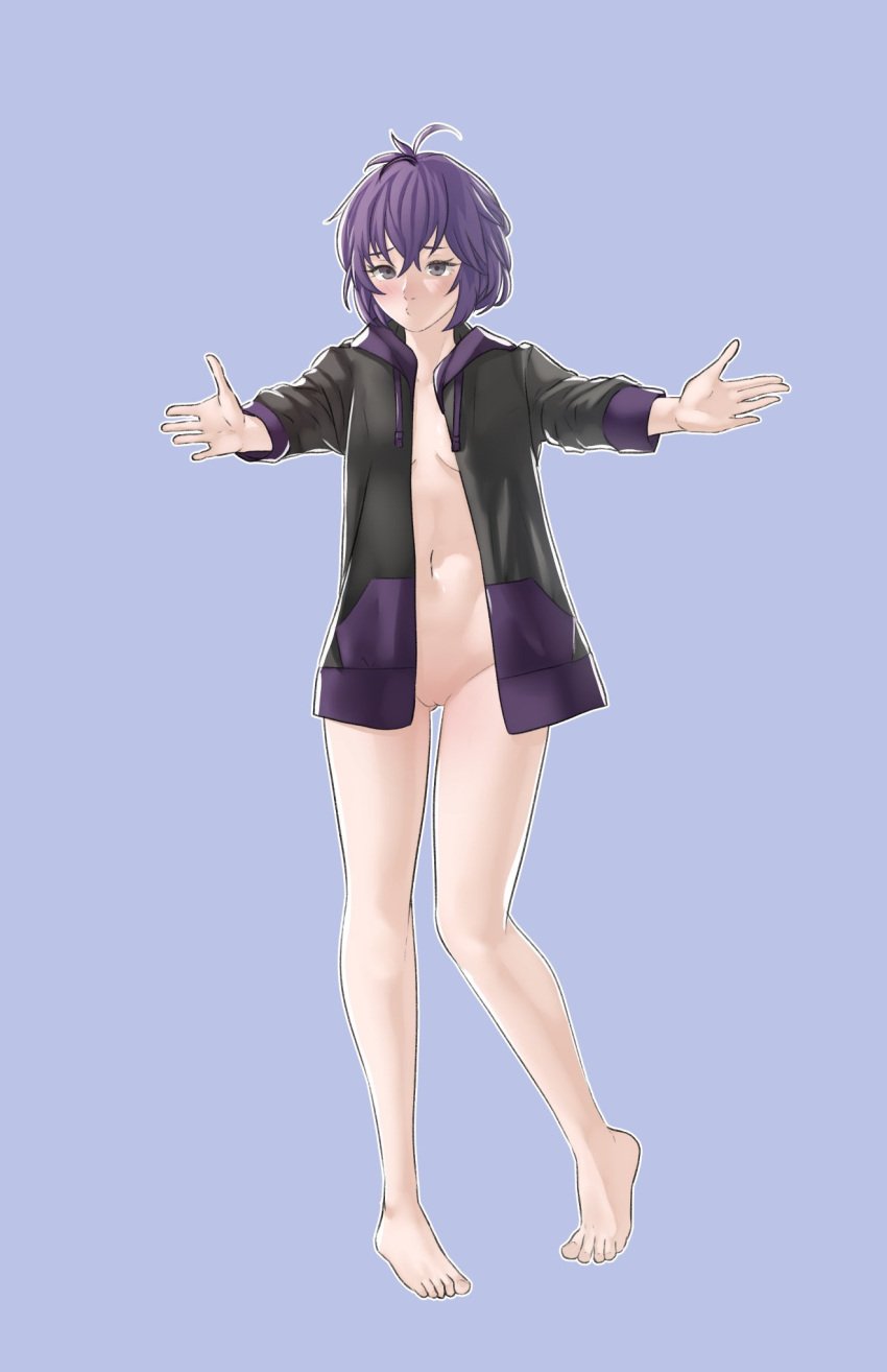 1girls ass_visible_through_thighs bare_legs barefoot bernadetta_von_varley breasts female female_only fire_emblem fire_emblem:_three_houses grey_eyes hoodie hug imminent_hug incoming_hug inviting inviting_to_hug legs looking_at_viewer naked_hoodie nintendo no_panties no_pants nude nude_female open_clothes open_hoodie open_jacket pomelomelon pout pov purple_hair pussy short_hair small_breasts solo uncensored