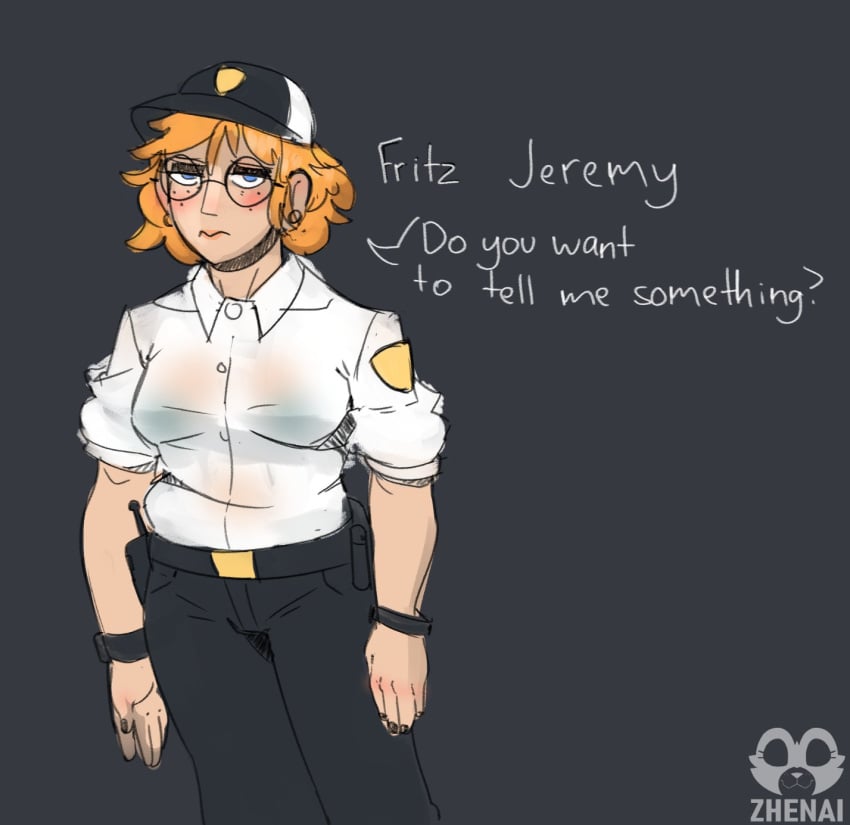 black_pants blue_eyes female_only five_nights_at_freddy's genderswap genderswap_(mtf) ginger glasses human orange_hair security_guard white_shirt zhenai