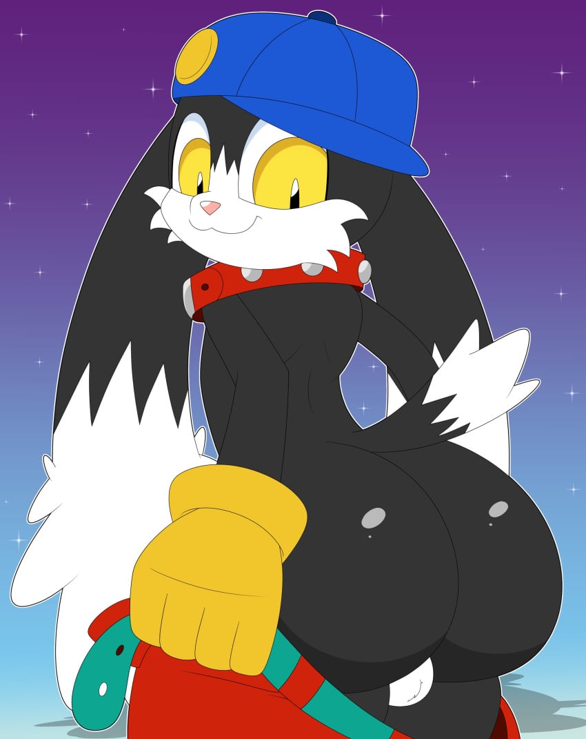 :3 absurd_res anthro ass backsack balls bandai_namco big_butt black_body black_fur blakeynsfw blue_background blue_clothing blue_hat blue_headwear bottomwear bottomwear_down cat_smile cheek_tuft clothed clothing collar dipstick_ears dipstick_tail domestic_cat facial_tuft felid feline felis fur genitals gloves handwear hat headgear headwear hi_res hybrid klonoa klonoa_(series) lagomorph leporid looking_back male mammal markings multicolored_ears pants pants_down partially_clothed pupils purple_background rabbit rear_view red_bottomwear red_clothing red_collar red_pants simple_background slit_pupils solo star studded_collar tail tail_markings tuft white_body white_fur yellow_clothing yellow_eyes yellow_gloves yellow_handwear