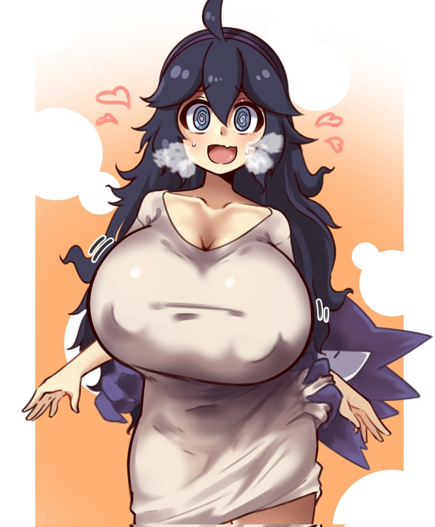1girl ahoge black_hair blue_eyes breasts cleavage clothes_pull fang gen_1_pokemon grey_shirt hairband haunter heart hex_maniac hex_maniac_(pokemon) hex_maniac_(pokemon_xy) huge_breasts long_hair messy_hair naked_shirt nintendo open_mouth orange_background pajamas_challenge_(meme) pokemon pokemon_x_and_y purple_hair purple_hairband shirt shirt_pull skin_fang smile solo standing t-shirt tight_clothes tight_shirt