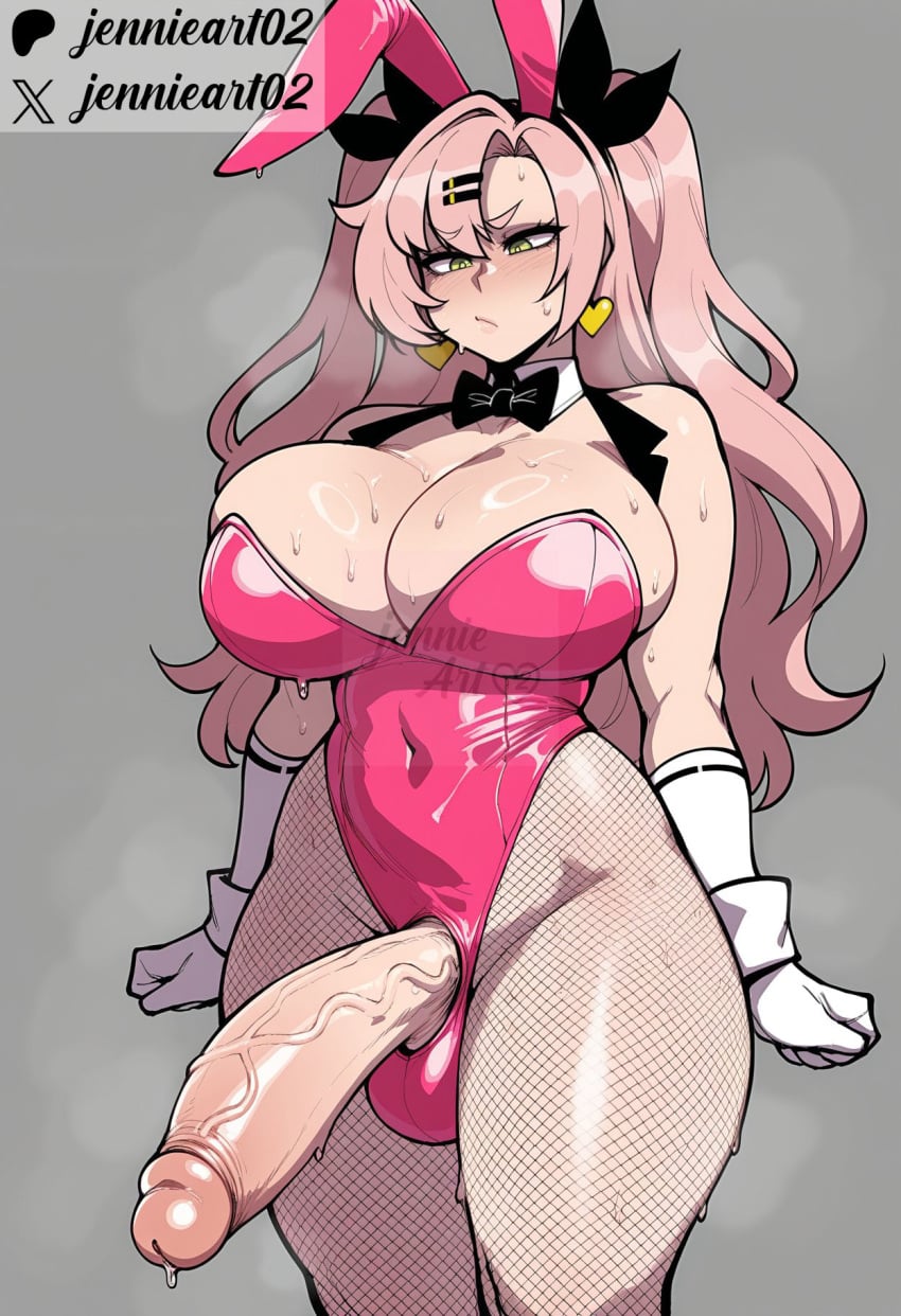 1girl ai_generated animal_ears bare_shoulders black_bow black_bowtie black_ribbon blush bow bowtie breasts bunnysuit cleavage closed_mouth clothing covered_navel cowboy_shot detached_collar earrings erection fake_animal_ears female fishnet_pantyhose fishnets futanari gloves green_eyes grey_background hair_ornament hair_ribbon hairclip heart_earrings highleg highleg_leotard huge_breasts huge_penis huge_testicles intersex jennieart02 jewelry large_breasts large_penis legwear leotard long_hair mole mole_under_eye navel nicole_demara pantyhose patreon patreon_logo patreon_username penis pink_hair pink_leotard playboy_bunny rabbit_ears ribbon simple_background solo standing strapless strapless_leotard sweat testicles thick_thighs thighs traditional_bowtie twitter twitter_username two_side_up veins veiny_penis watermark white_gloves