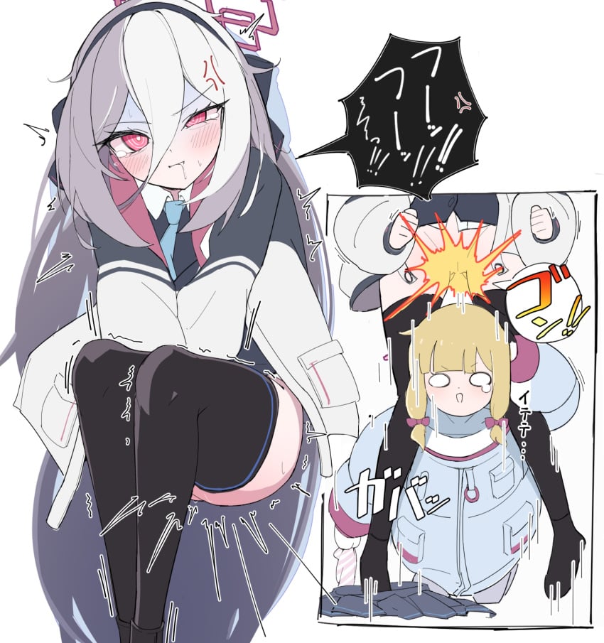 2girls anger_vein araara_do ass_visible_through_thighs black_headband black_thighhighs blonde_hair blue_archive blue_necktie blunt_bangs blush bottomless bow cleft_of_venus collared_shirt commentary_request covering_crotch covering_privates hair_between_eyes hair_bow halo headband highres holding holding_panties holding_underwear holding_unworn_clothes jacket kei_(blue_archive) kei_(student)_(blue_archive) legs_together long_hair long_hair_between_eyes long_sleeves medium_hair momoi_(armed)_(blue_archive) momoi_(blue_archive) multi-source_commentary multiple_girls necktie open_clothes open_jacket pain panties pussy red_eyes red_halo ringed_eyes saliva shirt sidelocks simple_background skirt striped_clothes striped_panties teardrop thighhighs translation_request turn_pale twitching underwear unworn_panties unworn_skirt v-shaped_eyebrows white_background white_hair wide_oval_eyes