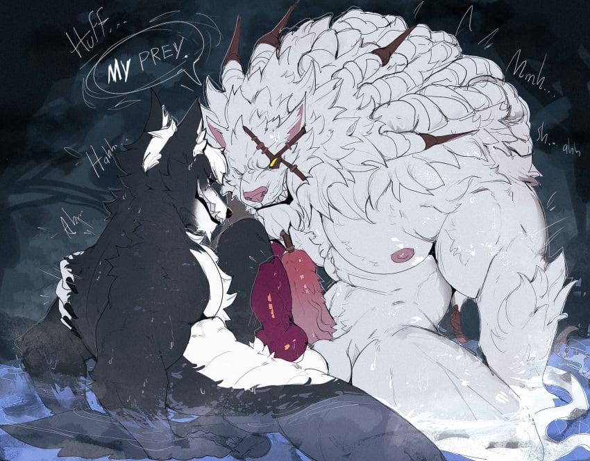 animal_genitalia anthro ball_fondling balls barazoku bared_teeth bdwolf big_muscles black_body black_fur blue_eyes bodily_fluids canid canine canis chest_tuft claws dialogue duo eye_patch eyewear fangs felid feline fluffy fondling frottage fur genitals grunting hair hand_on_shoulder hi_res holding_shoulder huge_muscles hunter intense intense_stare interspecies knot league_of_legends male male/male mammal mane moan muscular na1su penile penile_spines penis penises_touching predator/prey pubes rengar_(lol) riot_games scar sex sheath sweat tail tail_in_water teeth tencent tuft vein veiny_penis water wet white_balls white_body white_fur white_hair white_pubes wolf