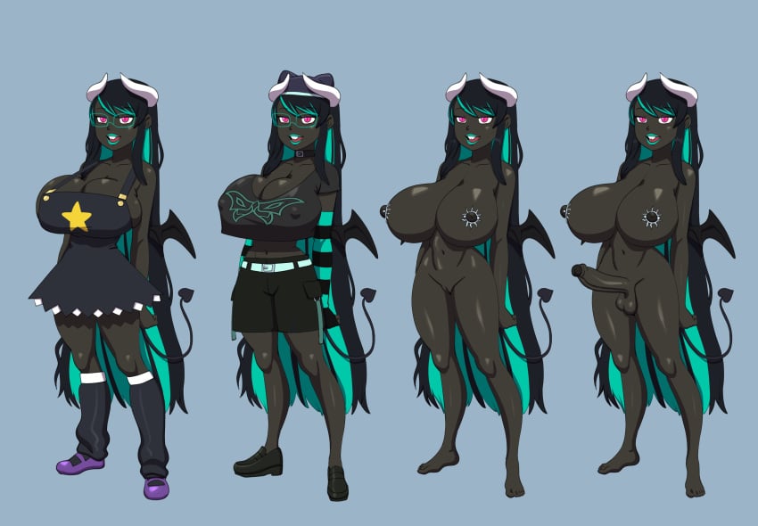 baggy_socks black_and_green_hair buckteeth character_sheet cosplay dark-skinned_female dark-skinned_futa dark_skin darkeros darkeros13 demon_horns demon_tail demon_wings devil_tail dress dressed female, futanari glasses green_lipstick horns huge_breasts nipples piercing pink_eyes reference_sheet shorts striped_armwear succubus tail tanktop testicles two_tone_hair vagina