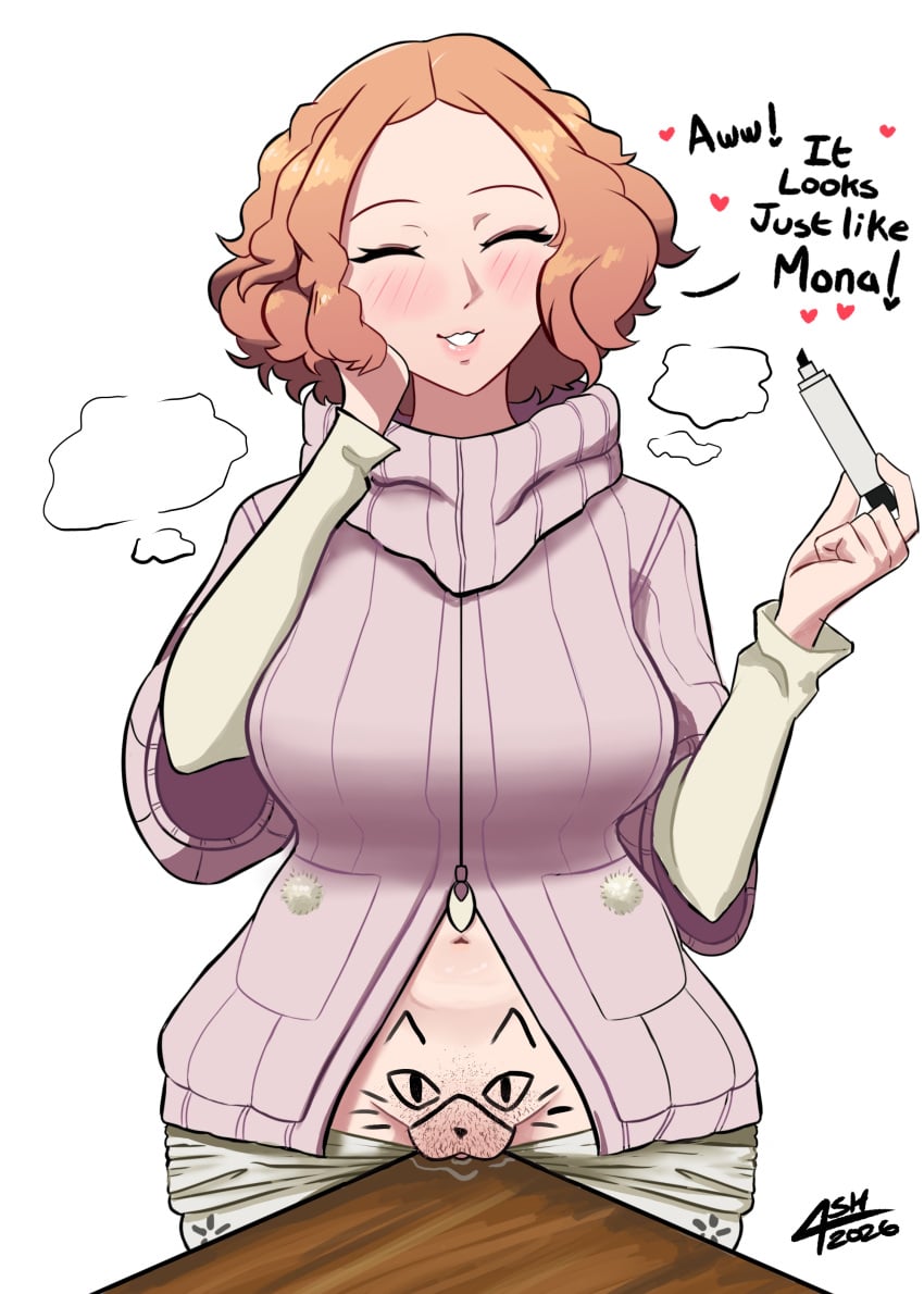 1girls 2d ashentrickster atlus big_breasts blush_lines brown_hair dialogue do_you_want_to_pet_my_cat_(meme) english english_dialogue english_text exposed exposed_pussy eyelashes eyes_closed female haru_okumura human human_female light-skinned_female light_skin looking_at_viewer marker meme navel okumura_haru pants_down persona persona_5 pubic_hair purple_sweater pussy pussy-cat_(meme) pussy_juice pussy_juice_drip pussy_out sega short_hair short_hair_female smile tan_skin text thick_thighs tricksterash wavy_hair white_background white_pants wide_hips