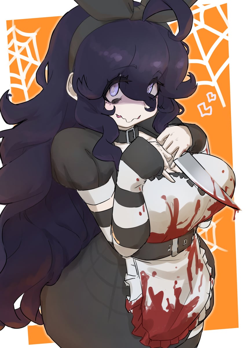 1girl absurdres ahoge alternate_breast_size_(larger) apron arm_warmers bags_under_eyes black_bow black_dress blood blood_on_clothes bloody_knife bloody_weapon bow bow_headband commentary dress english_commentary frilled_apron frills hairband halloween heart hex_maniac hex_maniac_(pokemon) hex_maniac_(pokemon_xy) highres holding holding_knife holding_weapon jaguarsee kitchen_knife knife long_hair looking_at_viewer messy_hair nintendo orange_background partially_shaded_face pokemon pokemon_x_and_y puffy_short_sleeves puffy_sleeves reverse_grip short_sleeves silk smile spider_web striped_arm_warmers waist_apron wavy_mouth weapon white_apron