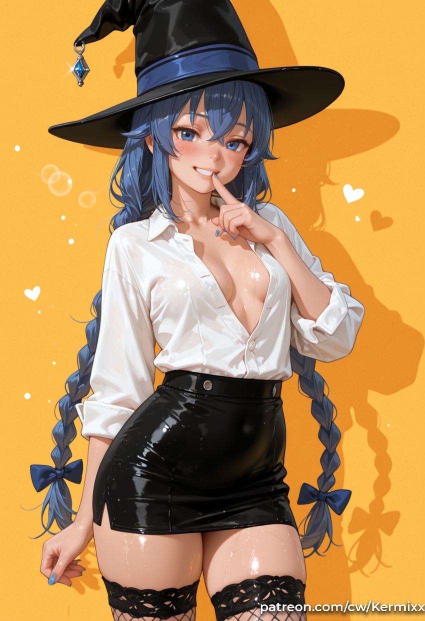 1girl ai_generated bangs black_skirt blue_eyes blue_hair blue_nails blush braid breasts finger_to_mouth fishnet_thighhighs hat kermixx long_hair long_sleeves looking_at_viewer mushoku_tensei orange_background roxy_migurdia shirt skirt smile solo thighhighs thighs twin_braids very_long_hair witch_hat