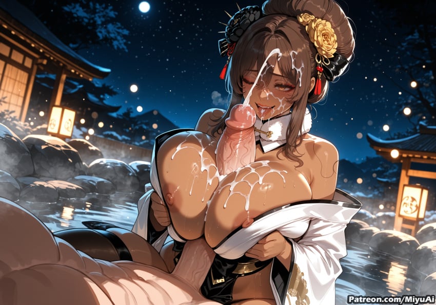 1boy 1girl ai_assisted ai_generated areolae bangs bare_shoulders black_hair blush breasts brown_hair cleavage crescent_moon cum cum_on_body cum_on_breasts cum_on_upper_body curvaceous curvy curvy_female curvy_figure dark-skinned_female dark_skin ejaculation erection facial female flower full_moon goddess_of_victory:_nikke hair_bun hair_flower hair_ornament hetero huge_breasts licking_lips lips lipstick miyuai mole moon night night_sky nipples noir_(nikke) one_eye_closed outdoors paizuri penis plump sky smile solo_focus star_(sky) starry_sky testicles thick thick_ass thick_butt thick_hips thick_legs thick_thighs tongue tongue_out uncensored voluptuous voluptuous_female wide_hips wide_sleeves wide_thighs